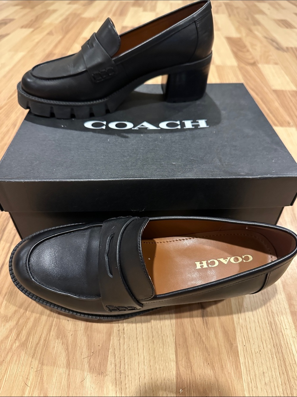 Coach Black Leather Lug Sole Block Heel Loafers - Picture 2 of 8